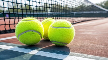 Three vibrant yellow tennis balls rest near the net on a sunny clay tennis court ready for an exciting game of tennis.