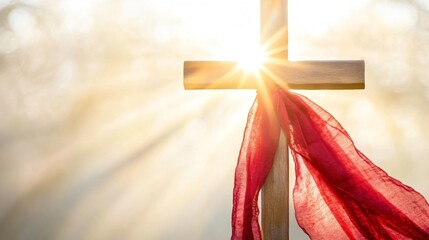Christian cross with red cloth in sunlight. Easter, Good Friday, or Pentecost symbol. Religious faith, hope, and resurrection concept for greeting card or church banner
