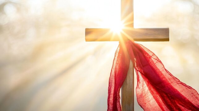 Christian cross with red cloth in sunlight. Easter, Good Friday, or Pentecost symbol. Religious faith, hope, and resurrection concept for greeting card or church banner