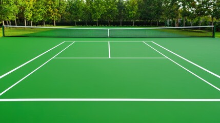 A vibrant green tennis court with crisp white lines is perfectly situated outdoors amidst lush green trees on a sunny day ready for a game.