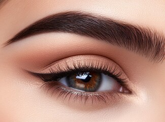 Obraz premium Close-up of a beautiful woman's eye with creative fashion eyebrows and a brown-beige color smoky eye makeup look, a beauty-style photograph for magazine advertising. Isolated on a white background. St