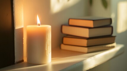 creative close-up of lit candle next to stack of books on fireplace mantle soft shadows and warm glow creating serene