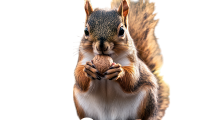 A fluffy brown squirrel holding a nut with its tiny paws on a transparent background