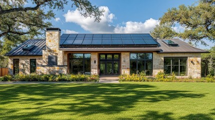 Fototapeta premium Energy-efficient Texas home, sleek solar-paneled roof, large windows, green yard, sunny day, frontal perspective, sharp and clear composition. 