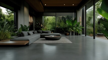 Modern, minimalist living room with a seamless connection to nature