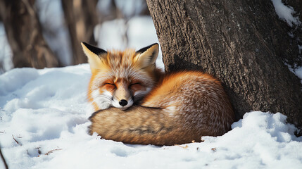 Peaceful fox curled up in snow beside a tree in winter woodland.