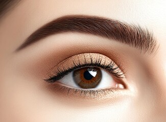 Obraz premium Close-up of a beautiful woman's eye with creative fashion eyebrows and a brown-beige color smoky eye makeup look, a beauty-style photograph for magazine advertising. Isolated on a white background. St
