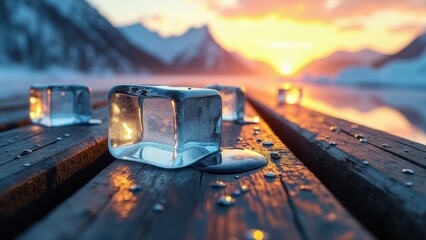 Three clear ice cubes melting on wooden surface outdoors in warm sunset light	