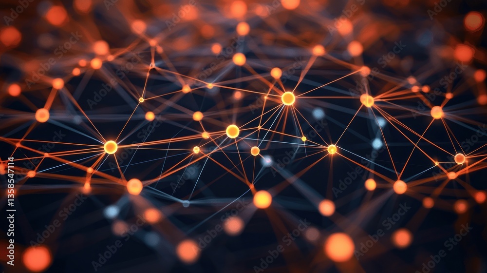 Poster abstract network connection: illuminated nodes and intertwined lines