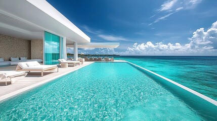 Fototapeta premium High-end beachside hotel, sleek white architecture, turquoise pool with sundeck sunbeds, expansive sea view under bright sunlight, clean and luxurious. 
