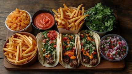 Gourmet meal featuring tacos, fries, and sides