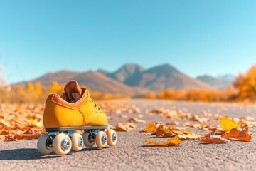 lone roller skate sits on sunlit asphalt path surrounded by autumn leaves creating serene and nostalgic ambiance with