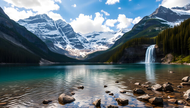 Beautiful mountain lake waterfall landscape scenic view nature outdoors travel destination wallpapers hd image - Powered by Adobe