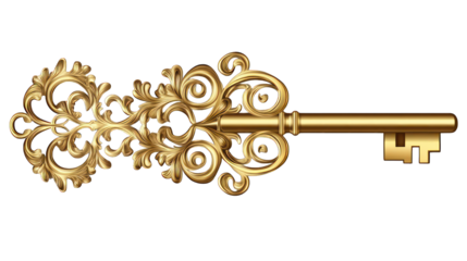 A golden key with an intricate antique design on a transparent background