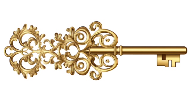 A golden key with an intricate antique design on a transparent background