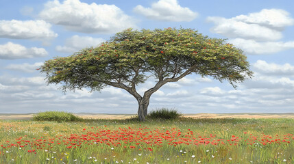 solitary tree stands in vibrant field of wildflowers