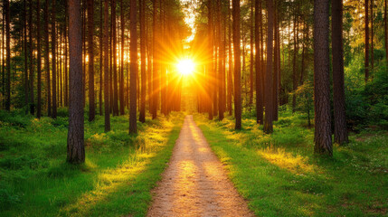 Obraz premium Sunlight streaming through forest path at sunset