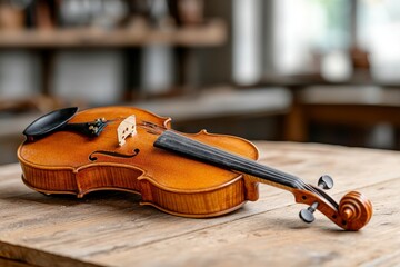 Fototapeta premium Amber Toned Violin on Rustic Wooden Table in Workshop