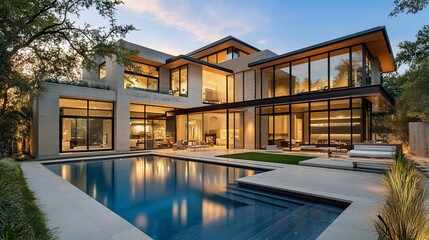 Fototapeta premium Luxury modern house with a private pool, minimalist exterior, warm sunlight, landscaped yard, wide perspective, crisp textures, and vivid colors 