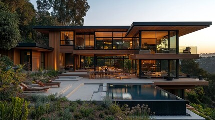 Fototapeta premium Luxury wooden home with seamless architecture, floor-to-ceiling glass, and warm natural wood tones, surrounded by nature, soft golden hour light. 
