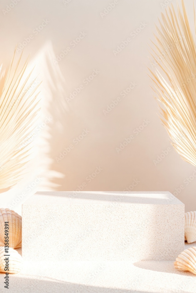 Poster podium with smooth sandy textures and shell-like patterns illuminated in natural light and surrounde