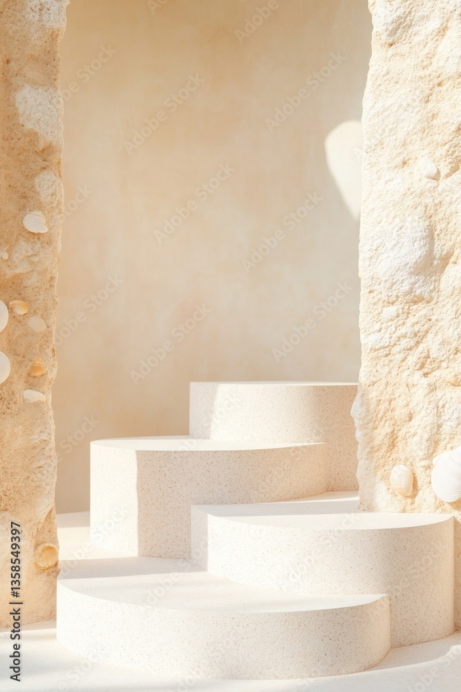 Poster podium with smooth sandy textures and shell-like patterns illuminated in natural light and surrounde