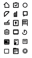 A collection of black and white icons showcasing various devices, including smartphones, laptops, tablets, cameras, and smartwatches, each designed with clean lines and minimalist style.