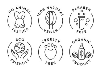 Eco cosmetics icon. Organic natural products alcohol, paraben and gluten free line icons for packaging. Stamps and badges vector set. Non toxic, no animal testing, for all skin types
