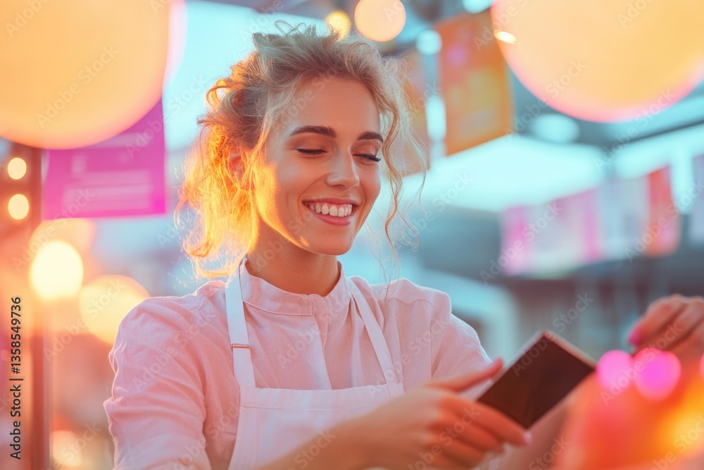 Poster reflective worker at cashier counter smiling while assisting shopper with payment process highlighte