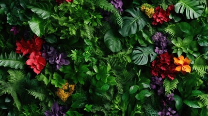 Lush tropical foliage wall decor. Vibrant greens, reds, purples, and yellows create a dense, diverse botanical display