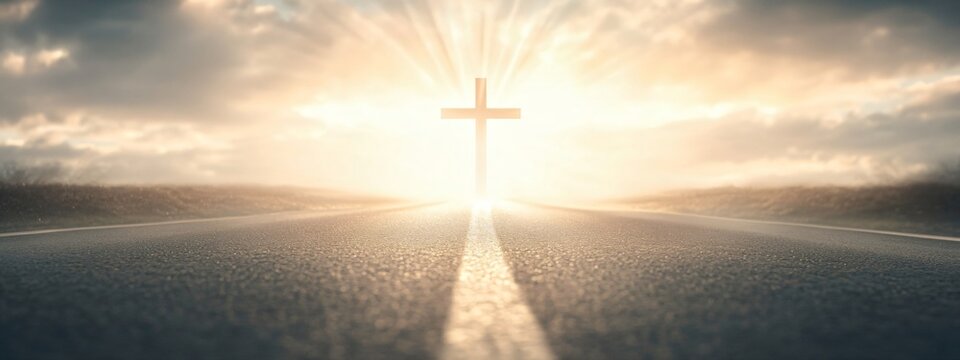 Glowing cross on horizon with sunbeams. Christian faith symbol on empty road at sunrise. Concept of spiritual journey, hope, and salvation. Easter or Good Friday.