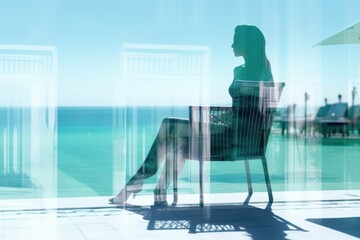 Naklejka premium Businesswoman relaxing on vacation at luxury resort overlooking tropical ocean