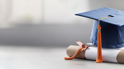 A navy blue graduation cap rests atop a rolled diploma tied with an orange ribbon signifying academic achievement and future success in a bright modern setting.