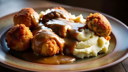 fried meatballs and mashed potatoes