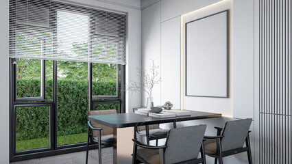 A modern interior space featuring a sleek dining table, comfortable chairs, and large windows with blinds, overlooking a lush green landscape. 3d rendering.