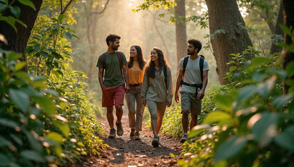 Indian Friends Exploring a Scenic Forest Trail Immersed in Nature and Adventure