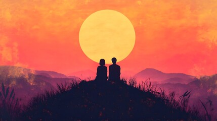 Fototapeta premium Romantic Sunset Silhouette: A couple is silhouetted against a radiant sunset, perched atop a hill overlooking a serene landscape, evoking a sense of peace and togetherness.