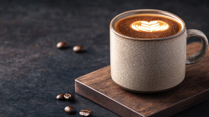 ceramic mug of latte with art on wooden board