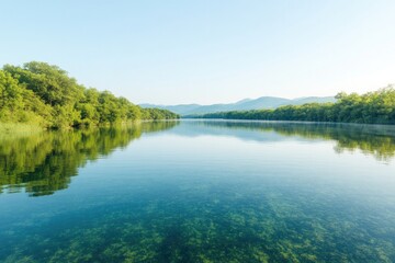 serene river meanders through greenery under cloudless sky bordering tranquil lake providing ample copy space with