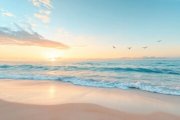 serene sandy beach at sunrise inviting tranquility with gentle waves lapping shore during quiet morning