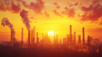 Obraz premium Industrial Sunset: A fiery spectacle of industry against a vibrant sunset