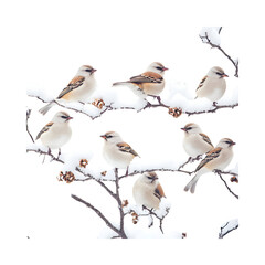 Naklejka premium A Flock of Birds Perched on Snow Covered Branches Isolated on Transparent Background
