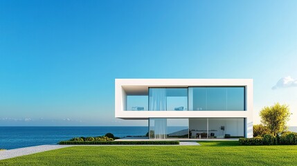 Minimalist modern house with a pure white facade, expansive green garden, and clear blue sky, sunny day, sharp textures, and balanced perspective. 