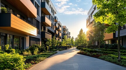 Modern apartment residential complex with sleek facades, gated entrance, sunlight casting warm shadows, vibrant greenery, and a welcoming atmosphere.  