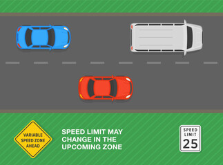 Safe driving tips and traffic regulation rules. Speed limit may change in the upcoming zone. Top view of a traffic flow approaching the "variable speed zone ahead" sign. Flat vector illustration.