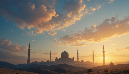 Naklejka premium sunset over the city Eid Mubarak greeting card background