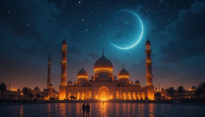 blue mosque at night Eid Mubarak greeting card background