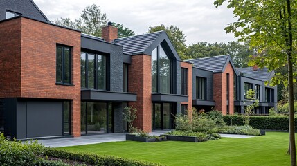 Fototapeta premium Modern detached homes in Manchester suburb, minimalist architecture, neat rows with small gardens, overcast daylight, clean and professional tone. 