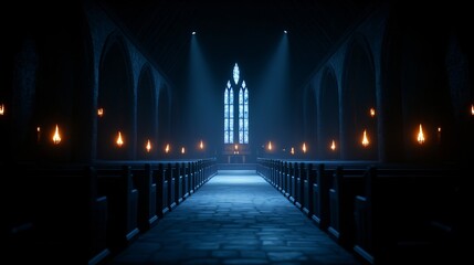 Dark church interior with illuminated altar and candle-lit aisle. Atmospheric scene for Easter Vigil, All Saints' Day, or midnight mass. Christian worship and prayer concept.