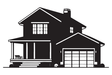 Two Story House Silhouette Vector Graphic With Garage and Porch